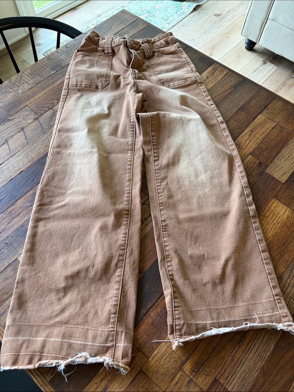 Wide Leg Frayed Hem Pants - Brown